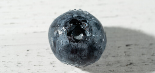 Blueberry in drops of water on white table. Copy space, close up