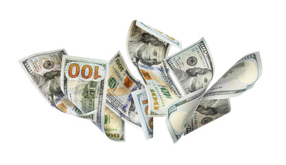 Dollar banknotes flying on white background, collage