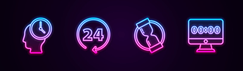 Set line Time Management, Clock 24 hours, Old hourglass and on monitor. Glowing neon icon. Vector.