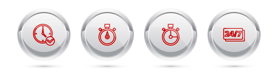 Set line Clock, Stopwatch, and 24 hours. Silver circle button. Vector.