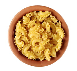 Pasta cornetti creste macaroni pile in clay pot isolated on white background, top view