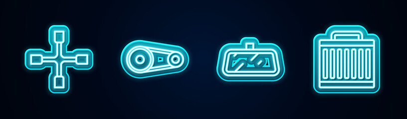 Set line Wheel wrench, Timing belt kit, Car mirror and radiator cooling system. Glowing neon icon. Vector.