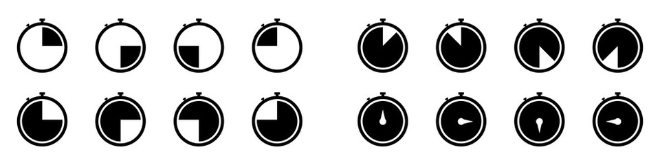 Stopwatch black icons set. Vector set of trendy stopwatches icons. Timer vector icon. Clock icon set. Vector illustration.