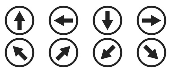 Arrows vector set. Arrows set in black circles in different directions. Cursors vector icon. Vector illustration.
