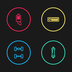 Set line Chassis car, Shock absorber, Car Audio and muffler icon. Vector.