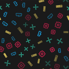 Set line Car mirror, Wheel wrench, Audio and audio speaker on seamless pattern. Vector.