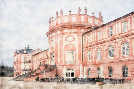 Schloss Biebrich, Biebrich Palace of Wiesbaden, Hesse, Germany. Historic Baroque castle. Watercolor Illustration.
