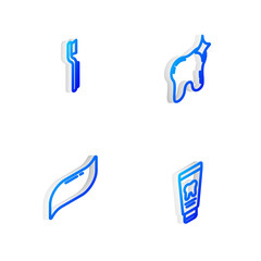 Set Isometric line Tooth whitening, Toothbrush, Toothpaste and Tube of toothpaste icon. Vector.
