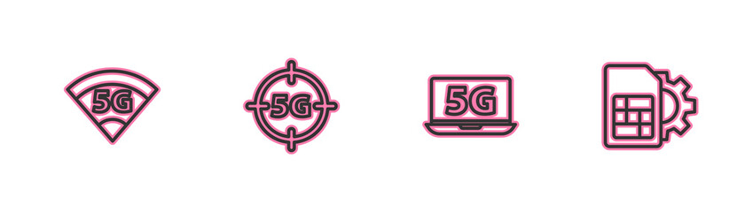 Set line 5G network, Laptop with, and Sim card setting icon. Vector.