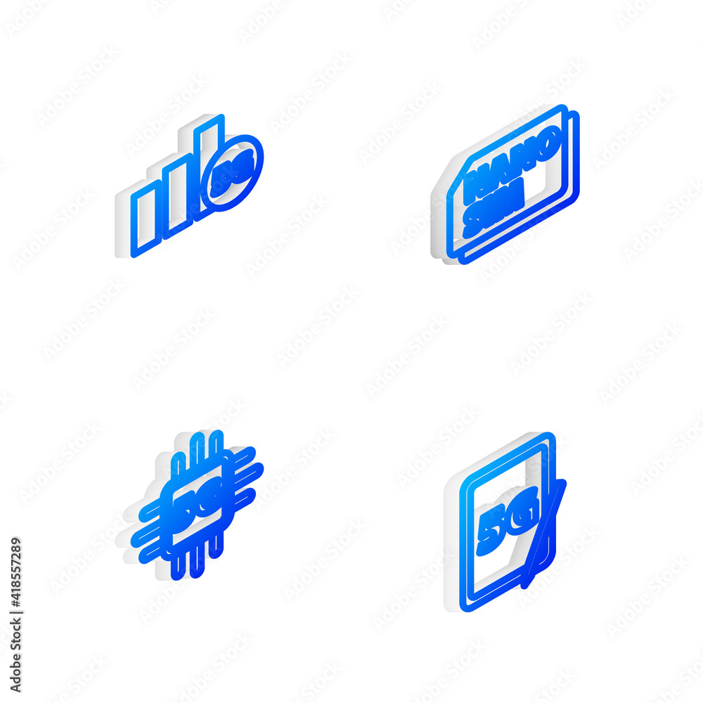 Poster set isometric line nano sim card, 5g network, processor and graphic tablet with icon. vector.