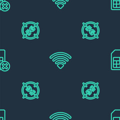 Set line Wi-Fi wireless network, 5G and Sim card rejected on seamless pattern. Vector.