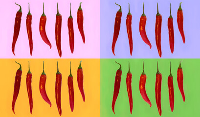 Mehrere Chili in einer Reihe auf bunten Hintergründen als Collage