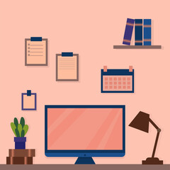 Computer and office. Workplace modern interior, home or office room creation set. VECTOR ILLUSTRATION 