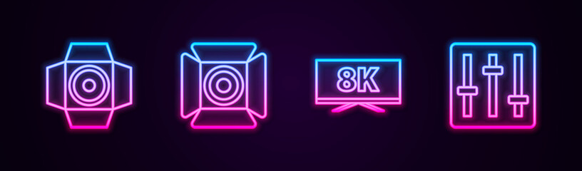 Set line Movie spotlight, , Screen tv with 8k and Sound mixer controller. Glowing neon icon. Vector.