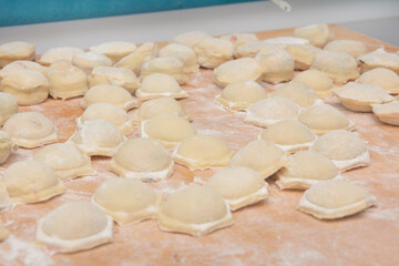 Cooking homemade dumplings from dough and minced meat. Sculpted ravioli on table with flour. Close-up, selective focus