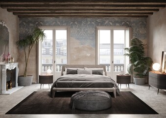 Camera da letto moderna in ambiente storico, muro vecchio, affreschi, rendering 3d	
