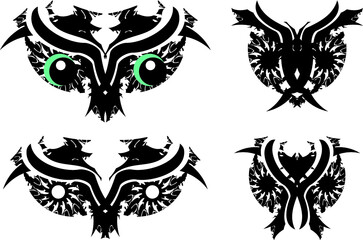 Predator carnival masks like scary owl head. Four tribal dangerous masks on a white background can be used for tattoos, prints, embroidery, textiles, stikers, holidays and events, etc. 