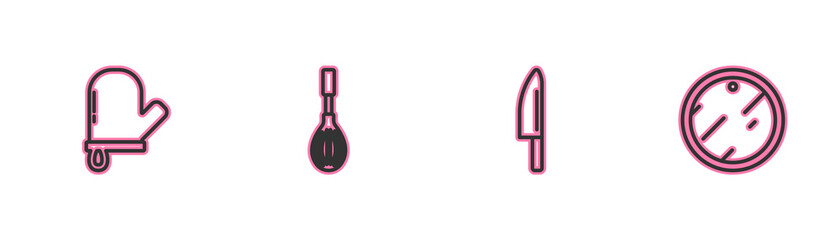 Set line Oven glove, Knife, Kitchen whisk and Cutting board icon. Vector.