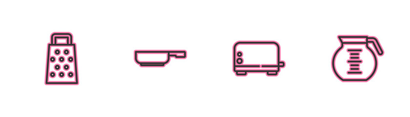 Set line Grater, Toaster, Frying pan and Coffee pot icon. Vector.