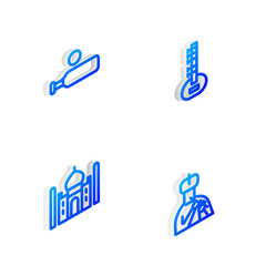 Set Isometric line Sitar, Wood cricket bat and ball, Taj Mahal and Indian man plays flute icon. Vector.