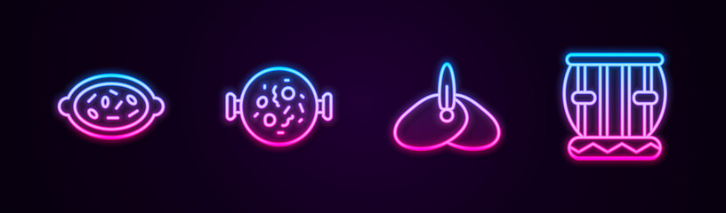 Set line Kheer in a bowl, Chicken tikka masala, Indian headgear turban and Instrument tabla. Glowing neon icon. Vector.