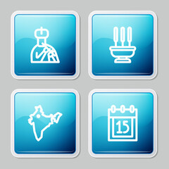 Set line Indian man plays flute, Incense sticks, map and Independence day icon. Vector.