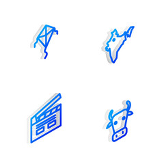 Set Isometric line India map, Kite, Bollywood indian cinema and Cow icon. Vector.