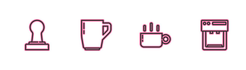 Set line Coffee tamper, cup, and machine icon. Vector.