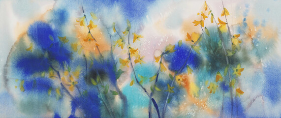 Plakat Yellow forsythia in blue and green watercolor background