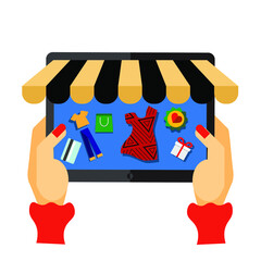 hand holding a gadget  with sale items, vector 