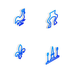 Set Isometric line Frog legs, Rooster weather vane, Fleur De Lys and Place La Concorde icon. Vector.