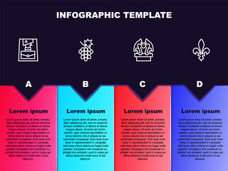 Set line Handbag, Grape fruit, Gargoyle on pedestal and Fleur De Lys. Business infographic template. Vector.