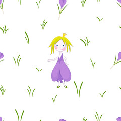 Seamless pattern with crocuses flowers. Cute floral texture with fairytail character. White and transparent backgrounds.