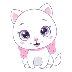 Cute white cat with pink bow sitting. Cartoon vector illustration