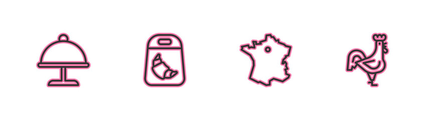 Set line Covered with tray, Map of France, Croissant package and French rooster icon. Vector. © vector_v