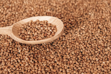 Buckwheat in a wooden spoon on a background of cereals. Copy, empty space for text