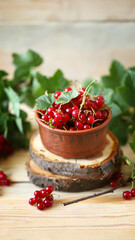 Fresh red currants with leaves on a wooden background. Red berries.