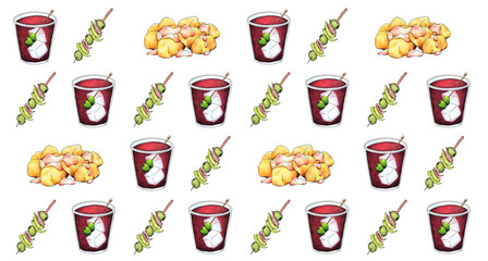 Ilustración de vaso de vermut rojo, pincho 'gilda' y patatas bravas dibujados a mano. Vermut con olivas y cubitos de hielo. Trama.