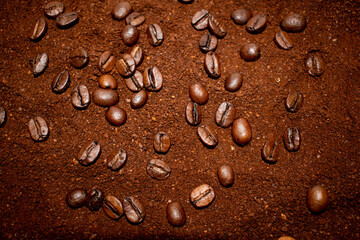 Coffee beans on ground coffee - obrazy, fototapety, plakaty