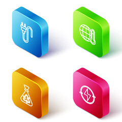 Set Isometric line Electric plug, Global warming, Garbage bag with recycle and Lightning bolt icon. Vector.