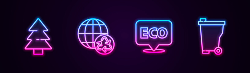 Set line Christmas tree, Planet earth and recycling, Label for eco healthy food and Trash can. Glowing neon icon. Vector.