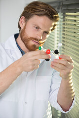 scientist is holding a dna model
