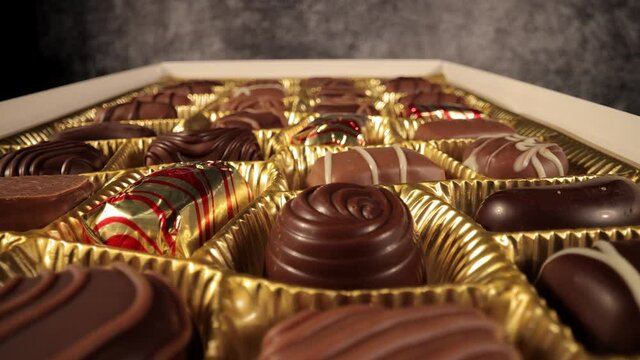 A box of chocolates pralines in close-up view - food photography