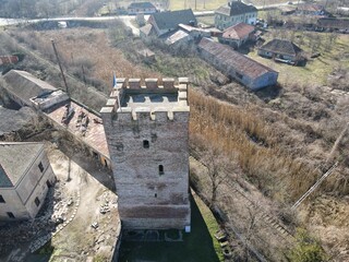 Medieval watchtower dating from the 1300s in Romania's Banat of Eastern Europe seen from above