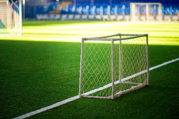 football goal with a net on the artificial turf of the indoor stadium