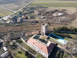 Medieval watchtower dating from the 1300s in Romania's Banat of Eastern Europe seen from above