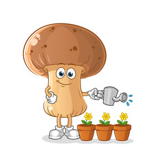 mushroom watering the flowers mascot. cartoon vector