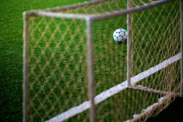 blurred image of the ball on a green lawn through the goal net.