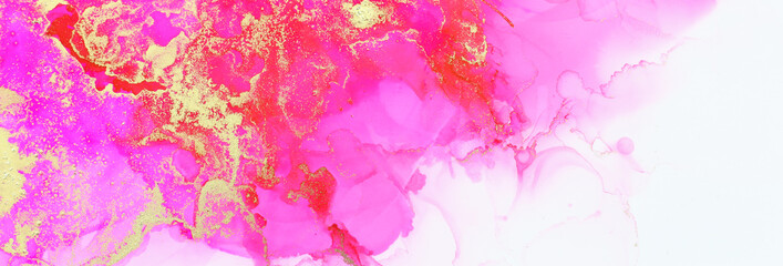 art photography of abstract fluid art painting with alcohol ink, pink and gold colors