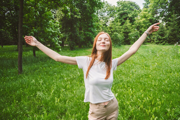 Daily Affirmations, Improve Life, Power of Positivity. Young Woman smiling arms raised up, enjoy...